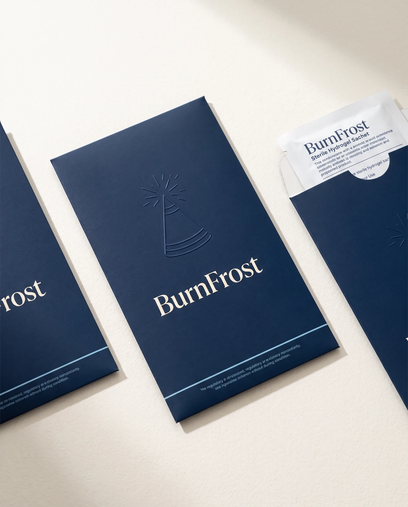 BurnFrost institutional set — navy card folios with a sterile hydrogel sachet