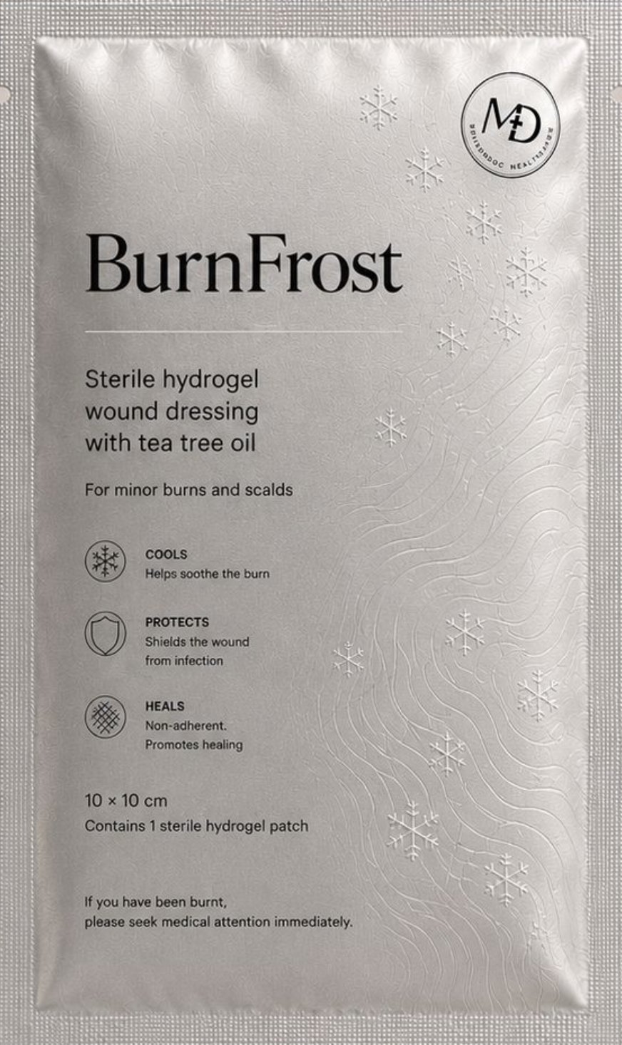 BurnFrost — sterile hydrogel wound dressing with tea tree oil, 10 × 10 cm